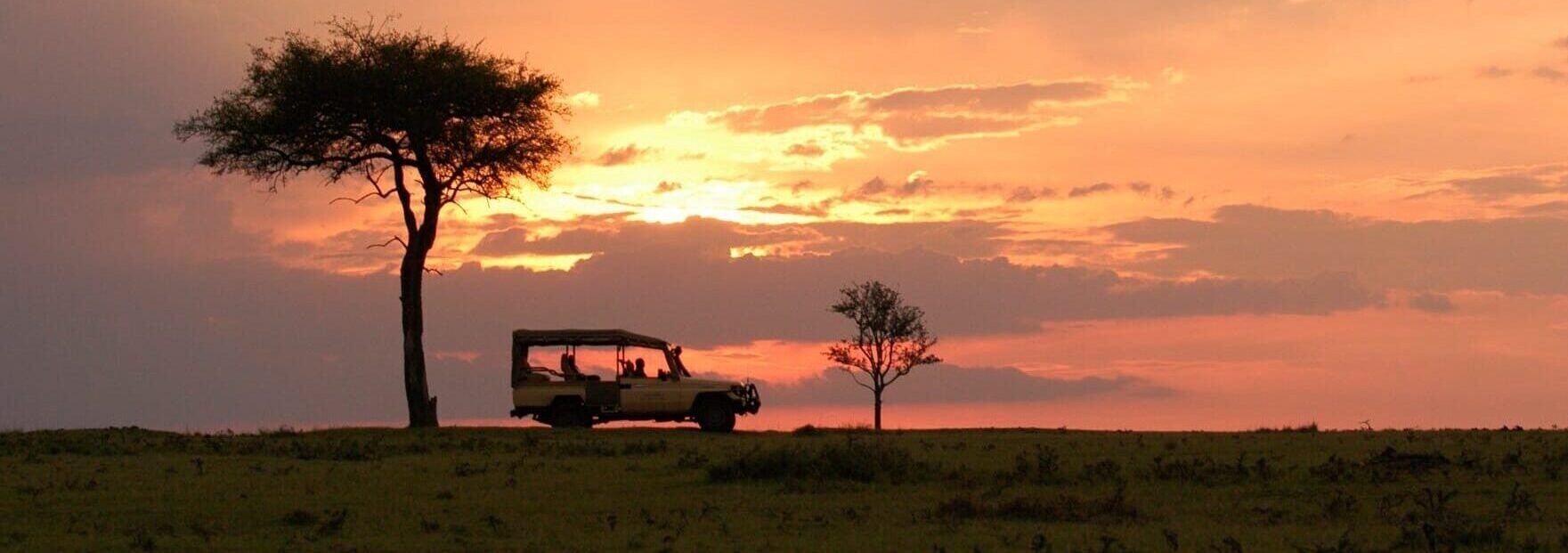 Jeepsafari tijdens zonsondergang in de Maasai Mara in Kenia