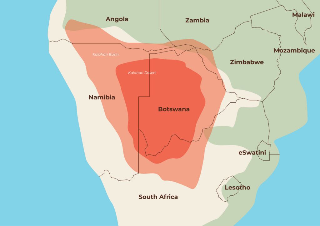 Map showing several countries in Southern Africa with the Kalahari Basin and Kalahari Desert highlighted